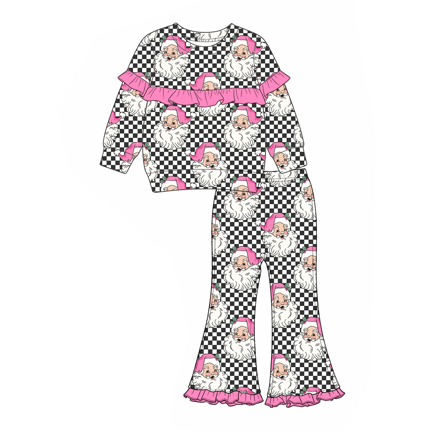 (Preorder new) No moq Baby Girls Black Checked Santa Print Long Sleeve Top Flare Pants Set Yoga Active Knee Length Dress