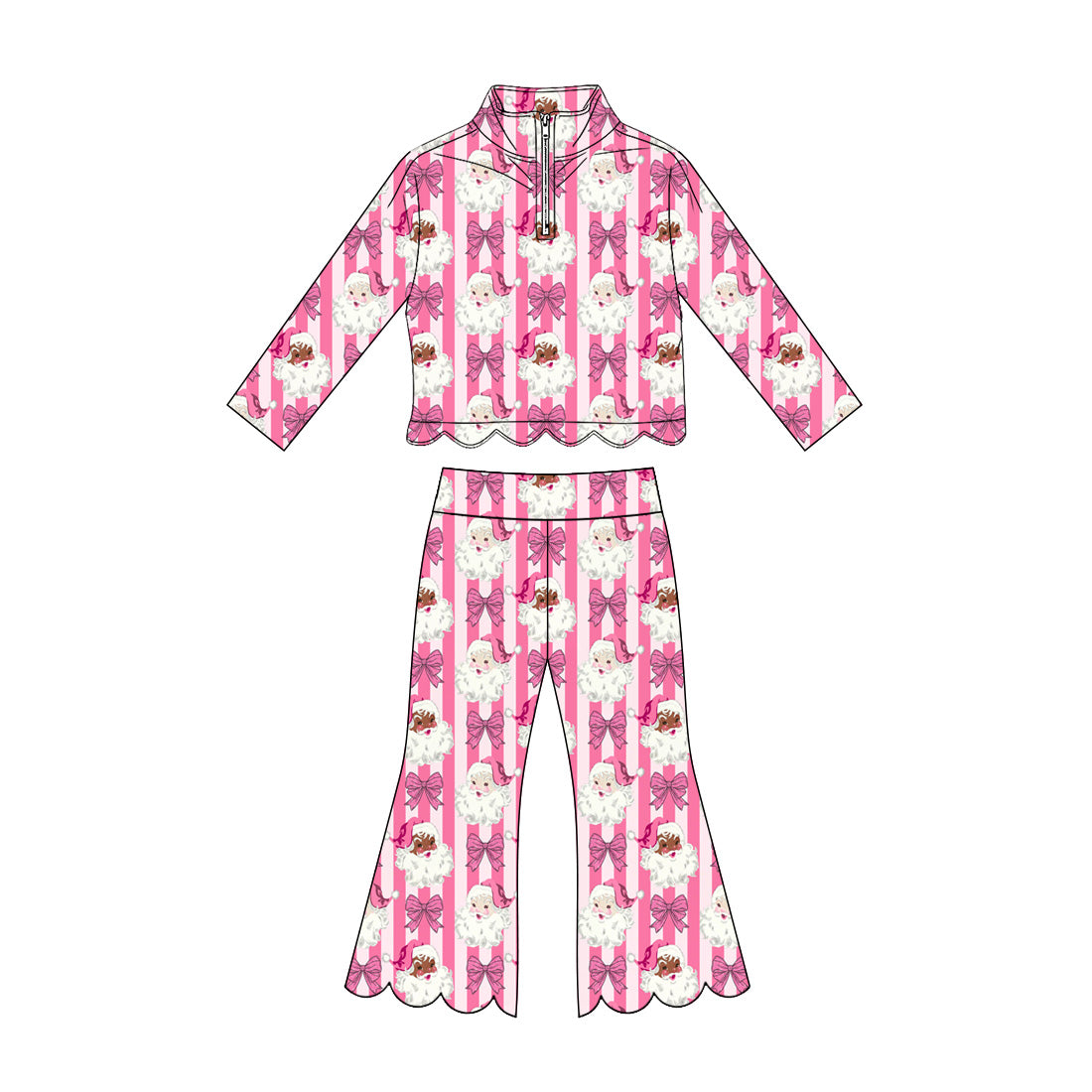 (Preorder new) No moq Baby Girls Pink Stripes Bow Santa Button Fluffy Fur Sleeve Top Pants Sleepwear Set Zip Pullover Flare Pant Christmas Scallop Clothes Set