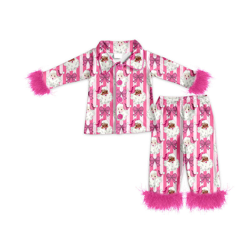 (Preorder new) No moq Baby Girls Pink Stripes Bow Santa Button Fluffy Fur Sleeve Top Pants Sleepwear Set Zip Pullover Flare Pant Christmas Scallop Clothes Set