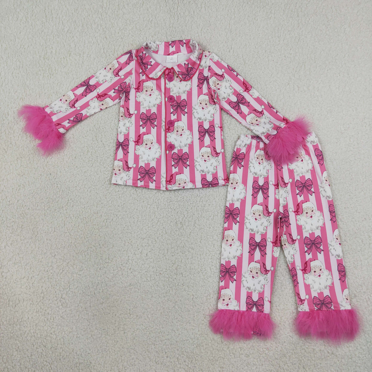 NEW RTS NO MOQ milk silk GLP3478 Baby Girls Pink Stripe Bows Santa Print Button Front Top Fur Sleeve Pant Christmas Sleepwear Pajamas Set