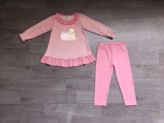 (Sample) No moq milk silk GLP3480 Embroidery Baby Girls Pink Stripe Pumpkin Dog Print Long Sleeve Tunic Legging Two Piece Fall Outfit Set