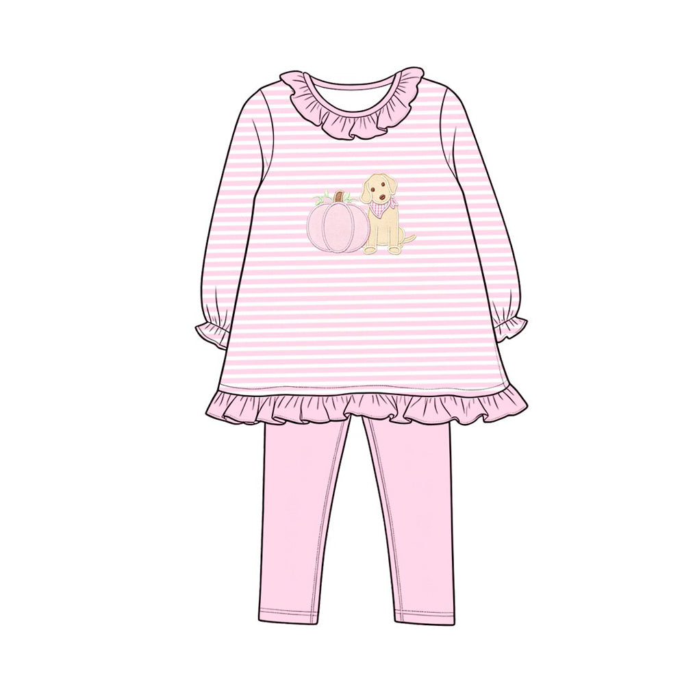 (Preorder new) No moq Embroidery Pumpkins Dogs Baby Girls Pink Stripe Tunic Leggings Fall Clothes Sets Rompers