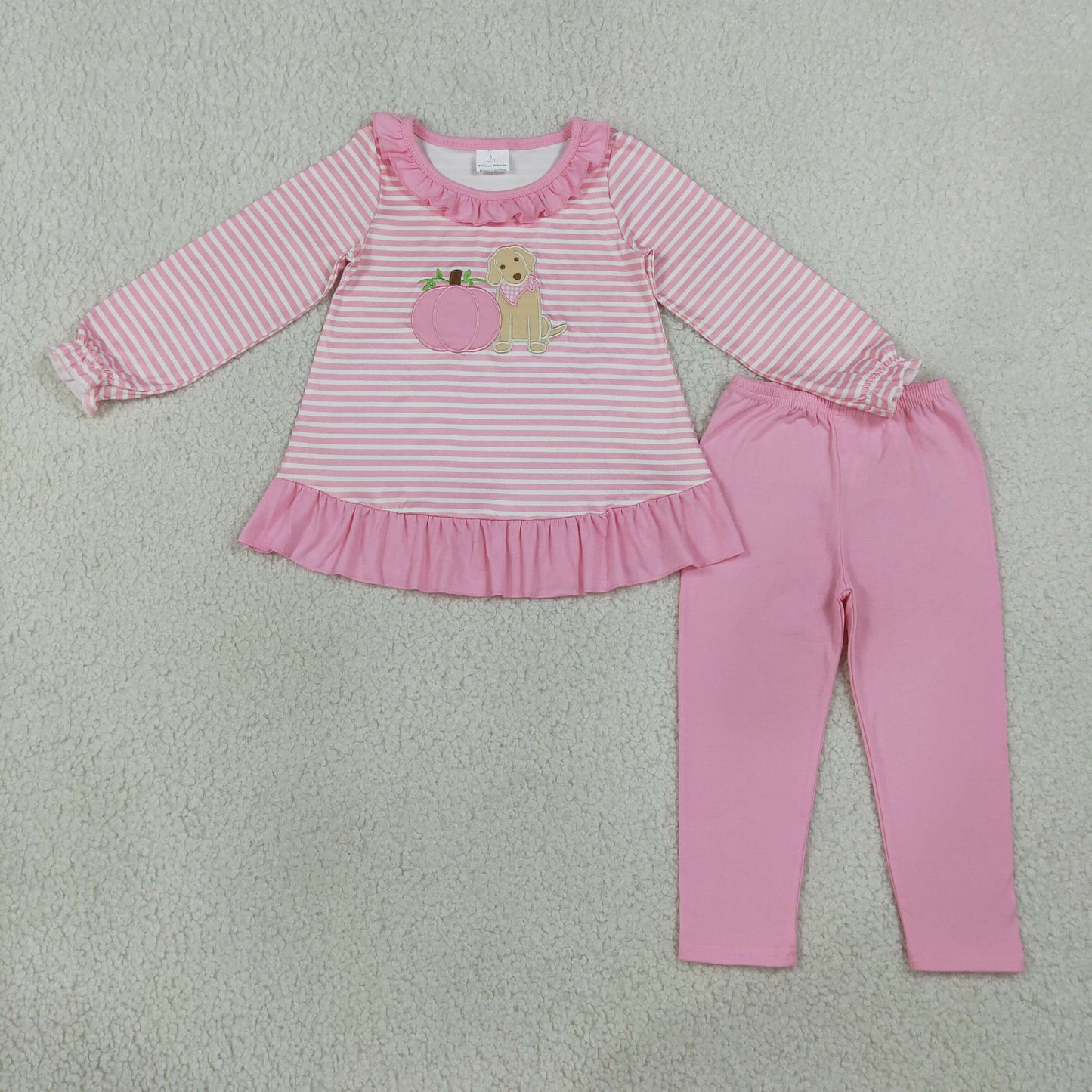RTS NO MOQ Sibling milk silk Embroidery Pumpkins Dogs Baby Girls Pink Stripe Tunic Leggings Fall Clothes Sets Romper