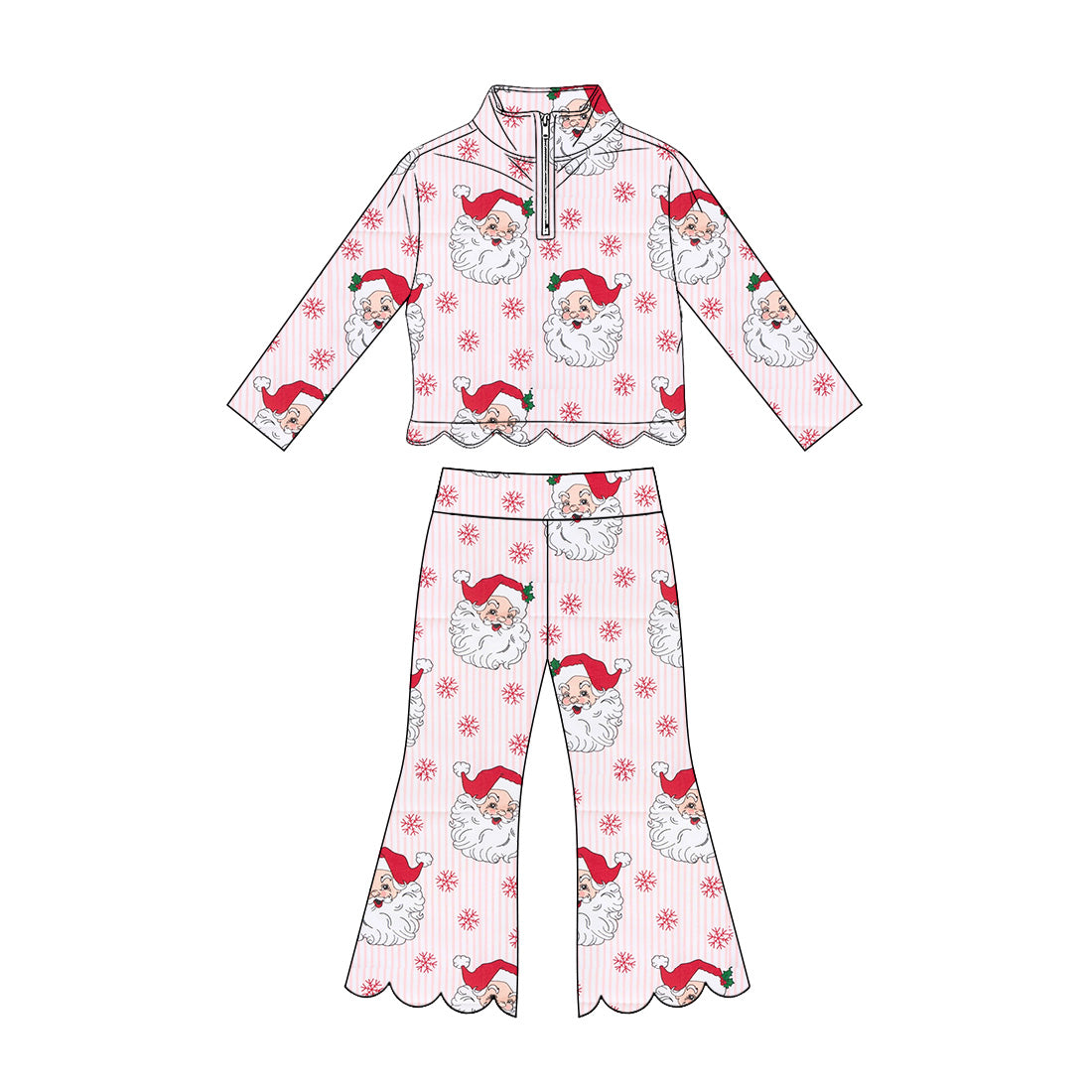 (Preorder new) No moq GLP3481 Baby Girls Santa Snowflake Print Pink Striped Zip Up Long Sleeve Scallop Trim Top Pants Christmas Scallop Outfit