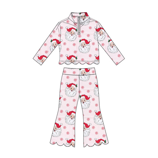 (Preorder new) No moq GLP3481 Baby Girls Santa Snowflake Print Pink Striped Zip Up Long Sleeve Scallop Trim Top Pants Christmas Scallop Outfit