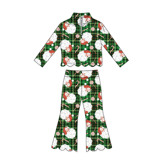 (Preorder new) No moq GLP3482 Baby Girls Santa Candy Cane Print Green Plaid Long Sleeve Zip Up Scallop Trim Top Pants Christmas Clothes Set