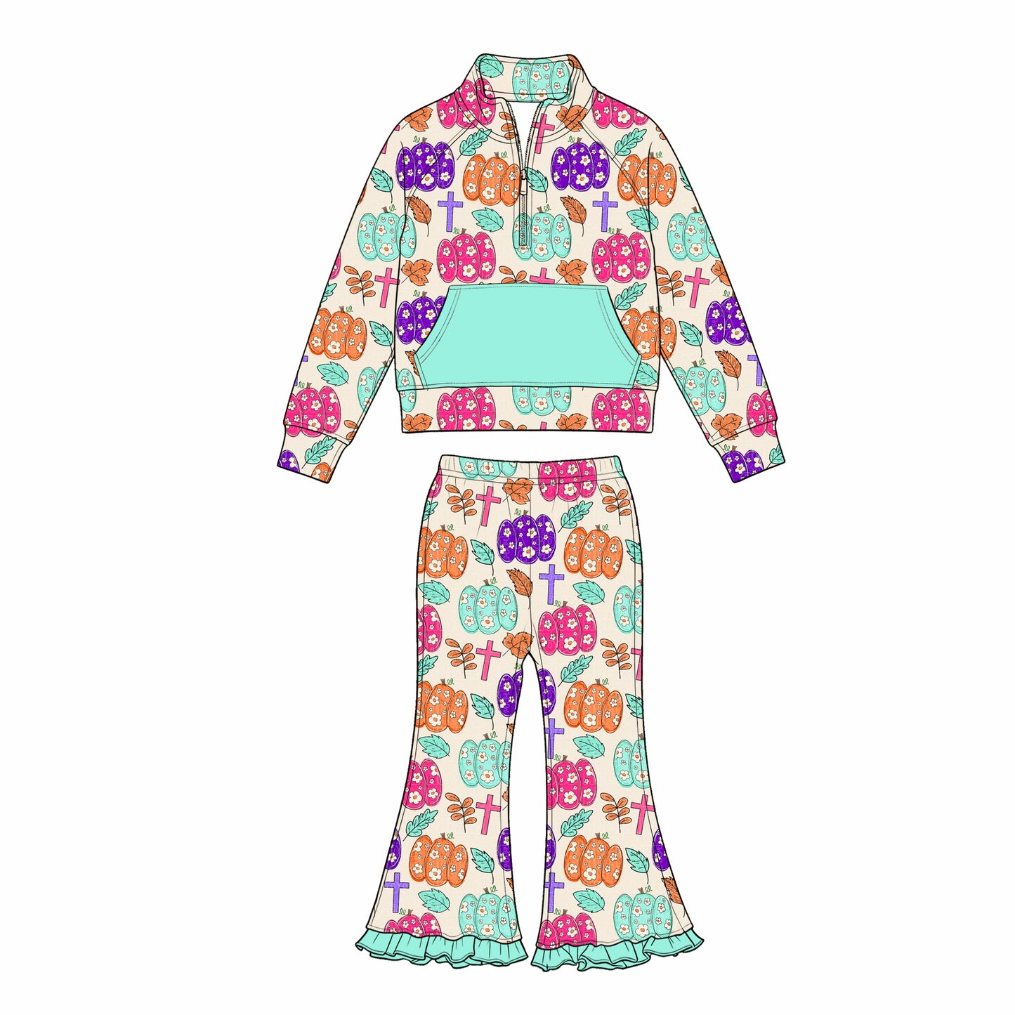 (Preorder new) No moq Baby Girls Pumpkin Cake Zip Pocket Pullover Flare Pant Set Farm Thanksgiving Holiday Wear