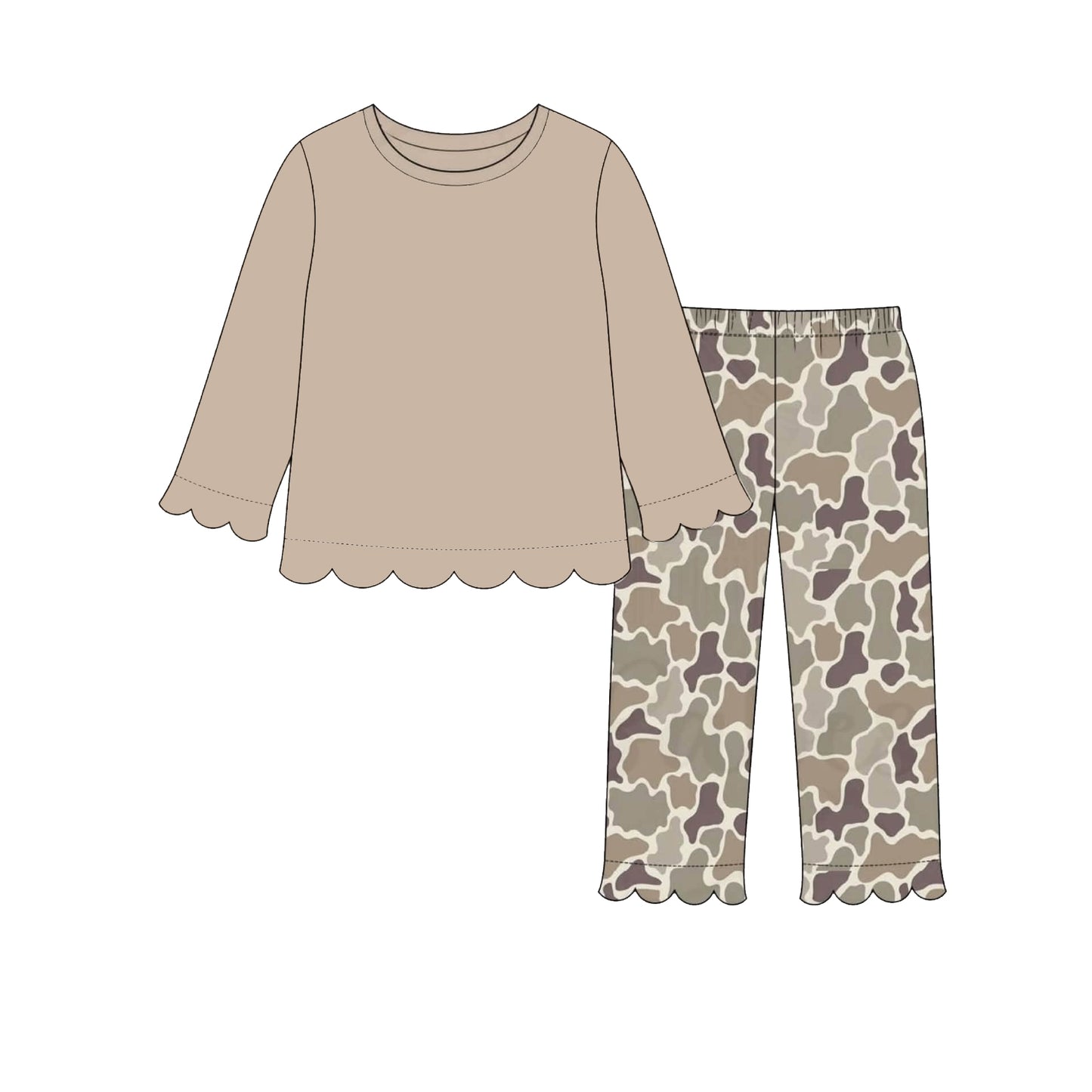 (Preorder new) No moq GLP3487 Baby Girls Solid Khaki Shirt Top Camo Print Scallop Trim Pants Outfit Set