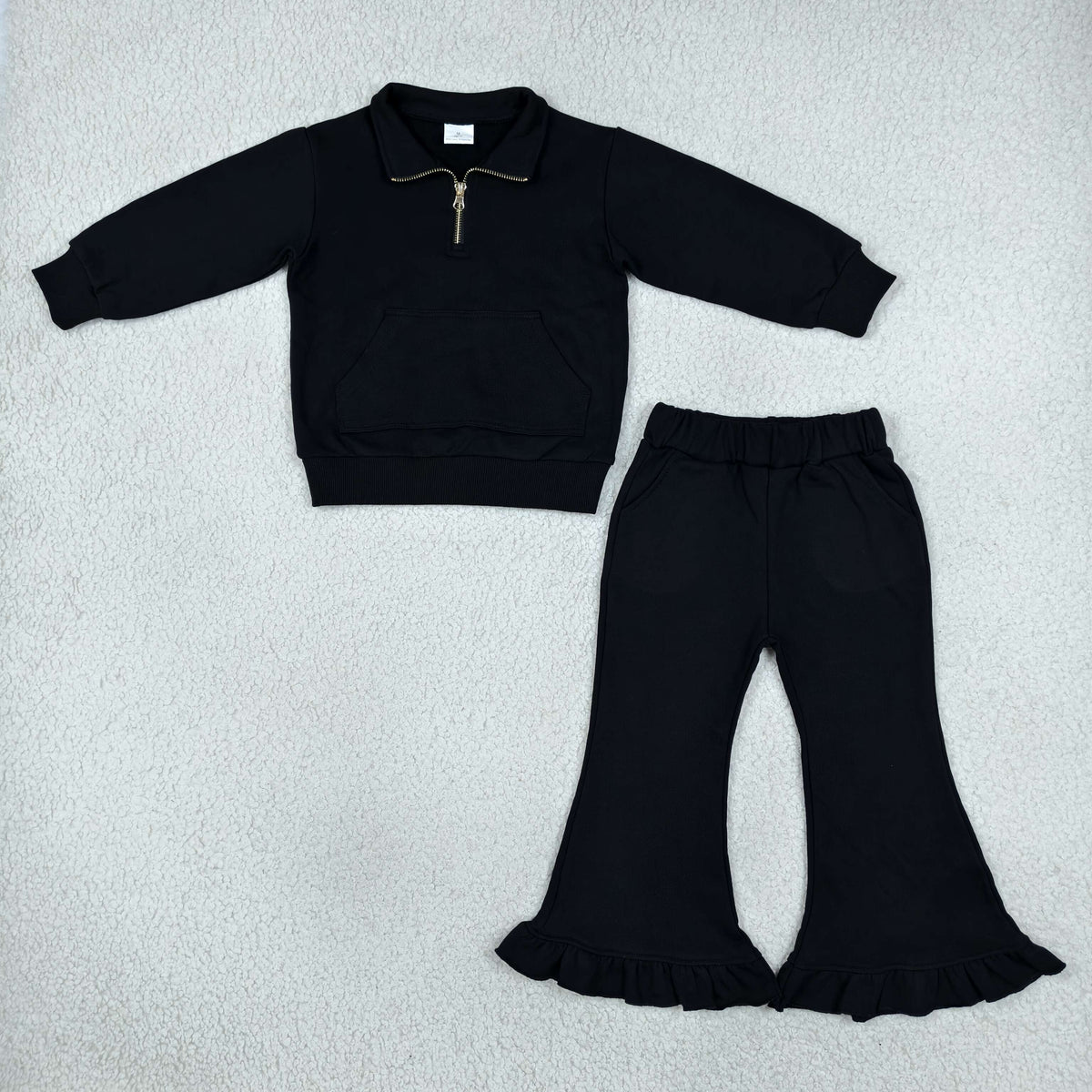 NEW RTS NO MOQ fleece GLP3489（GT1764+P1072）Baby Girls Black Zip Pockets Top Ruffle Flare Pant Sweater Clothes Set Cute Casual Outfit