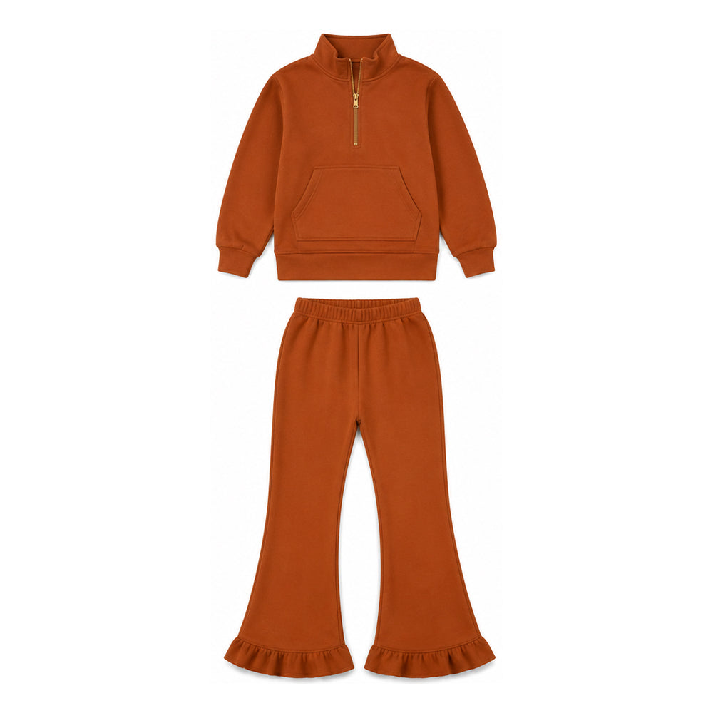 (Preorder new) No moq GLP3490 Sweatshirt Material Kids Girls Khaki Zip Pockets Top Flare Ruffle Pant Clothes Set Casual Outfit