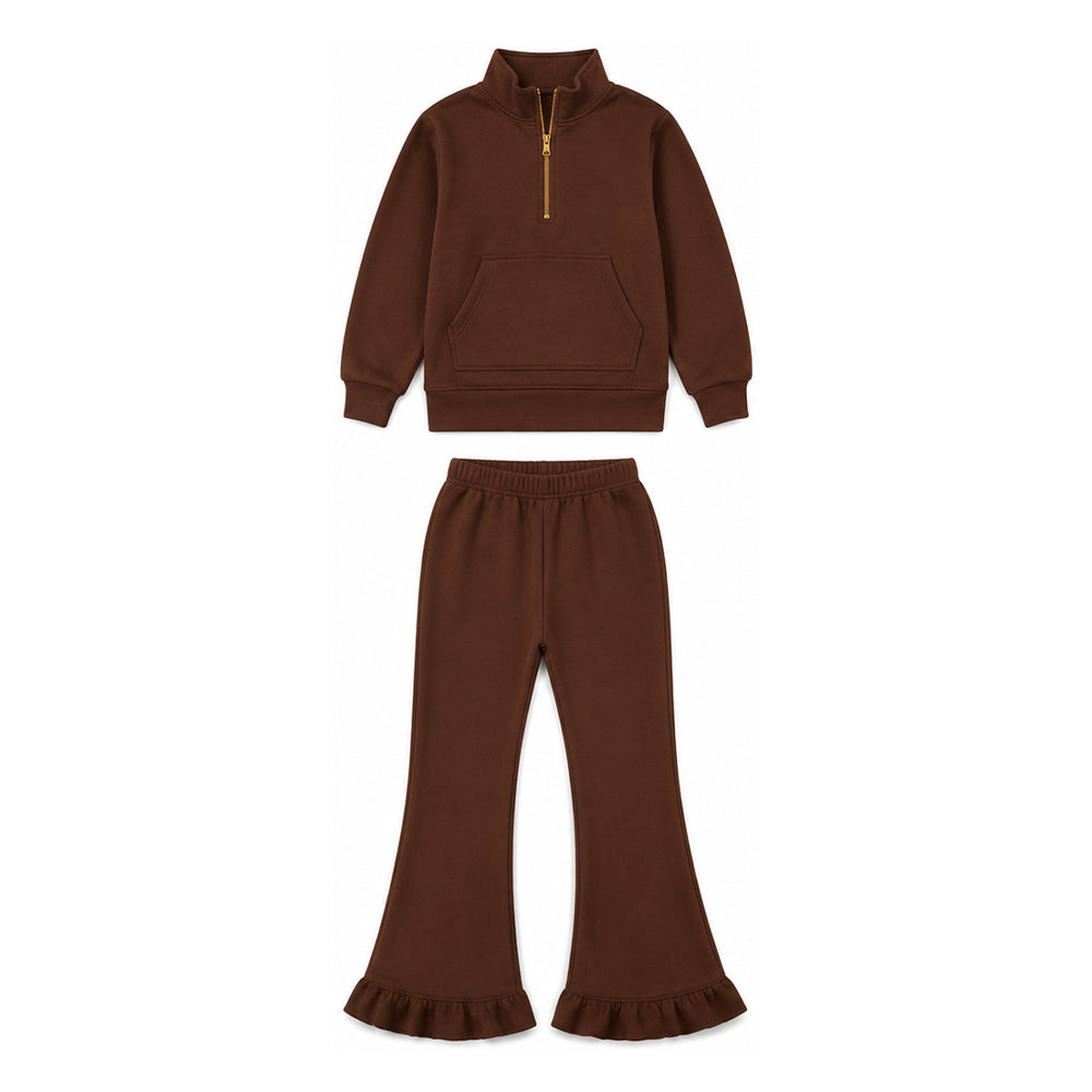 (Preorder new) No moq GLP3491 Sweatshirt Material Kids Girls Brown Zip Pockets Top Flare Ruffle Pant Clothes Set Casual Outfit
