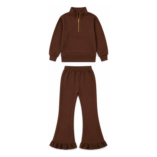 (Preorder new) No moq GLP3491 Sweatshirt Material Kids Girls Brown Zip Pockets Top Flare Ruffle Pant Clothes Set Casual Outfit