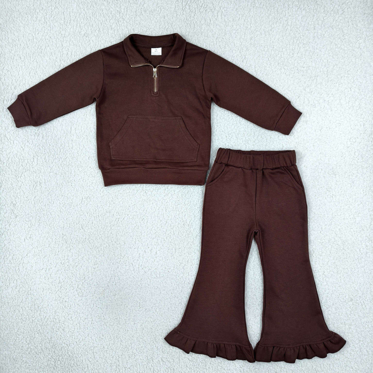 NEW RTS NO MOQ fleece GLP3491（GT1766+P1074）Baby Girls Brown Zip Pockets Top Ruffle Flare Pant Sweater Clothes Set Cute Casual Outfit