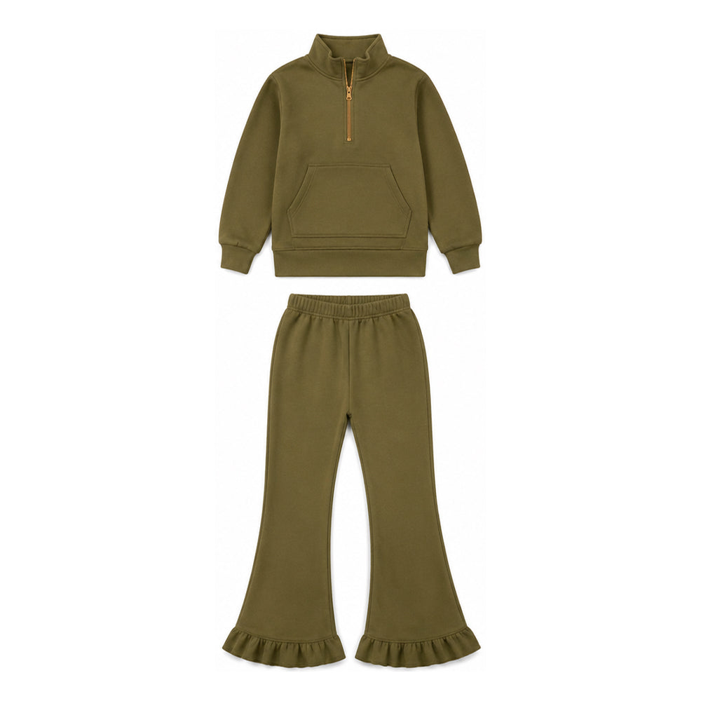 (Preorder new) No moq GLP3492 Sweatshirt Material Kids Girls Olive Zip Pockets Top Flare Ruffle Pant Clothes Set Casual Outfit