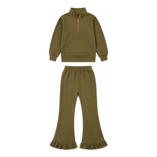 (Preorder new) No moq GLP3492 Sweatshirt Material Kids Girls Olive Zip Pockets Top Flare Ruffle Pant Clothes Set Casual Outfit