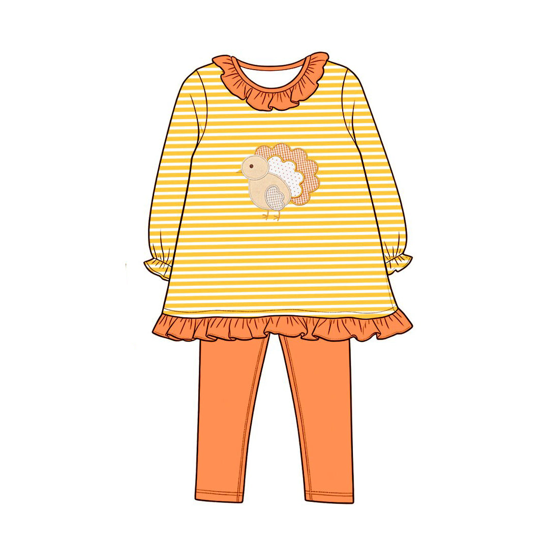 (Preorder new) No moq Embroidery Thanksgiving Baby Girls  Orange Stripe Long Sleeve Tunic Top And Solid Leggings Clothes Sets Rompers
