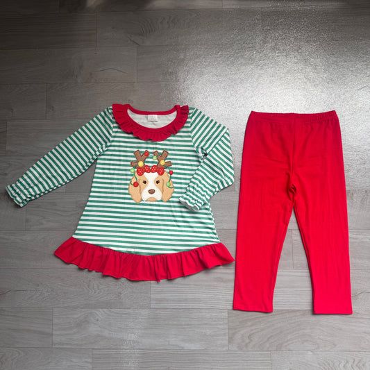 (Sample) No moq milk silk GLP3494 Embroidery Toddler Girls Green Stripe Light Dog Print Tunic Matching Legging Pant Two Piece Christmas Clothes Set