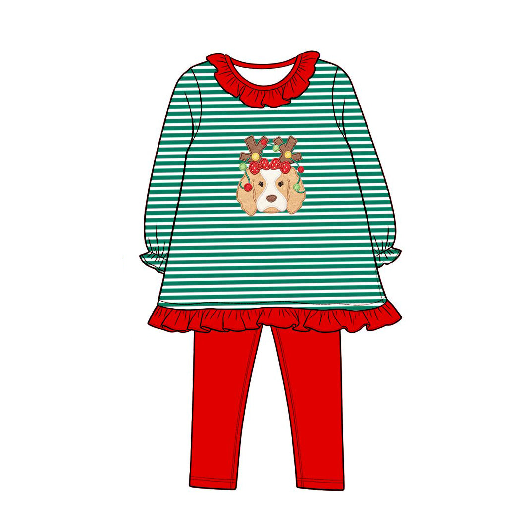 (Preorder new) No moq Embroidery Baby Girls Lights Dog Print Long Sleeve Stripe Tunic Leggings Christmas Holiday Matching Clothes Sets Rompers