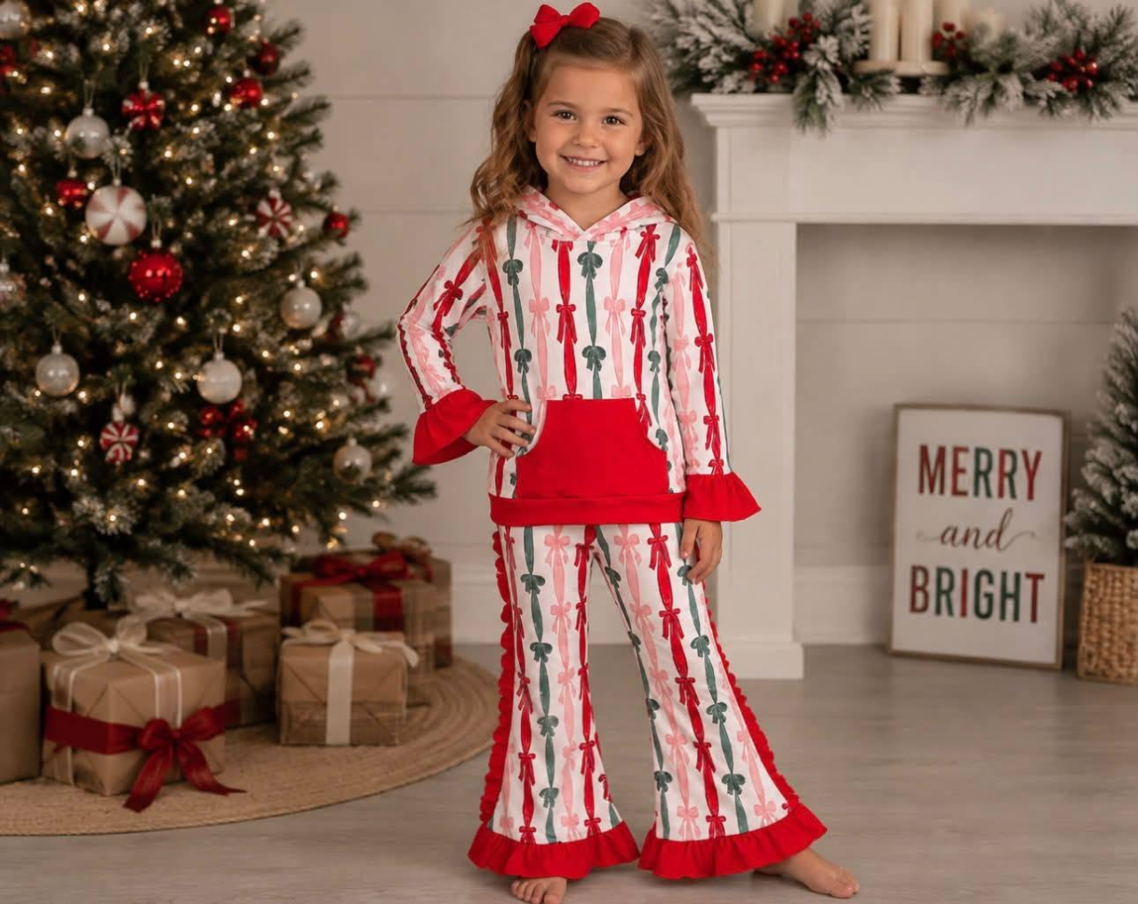 (Sample) No moq milk silk GLP3497 Baby Girls Green Red Bows Stripe Pocket Hoodie Ruffle Pant Christmas Clothes Sets Holiday Outfit