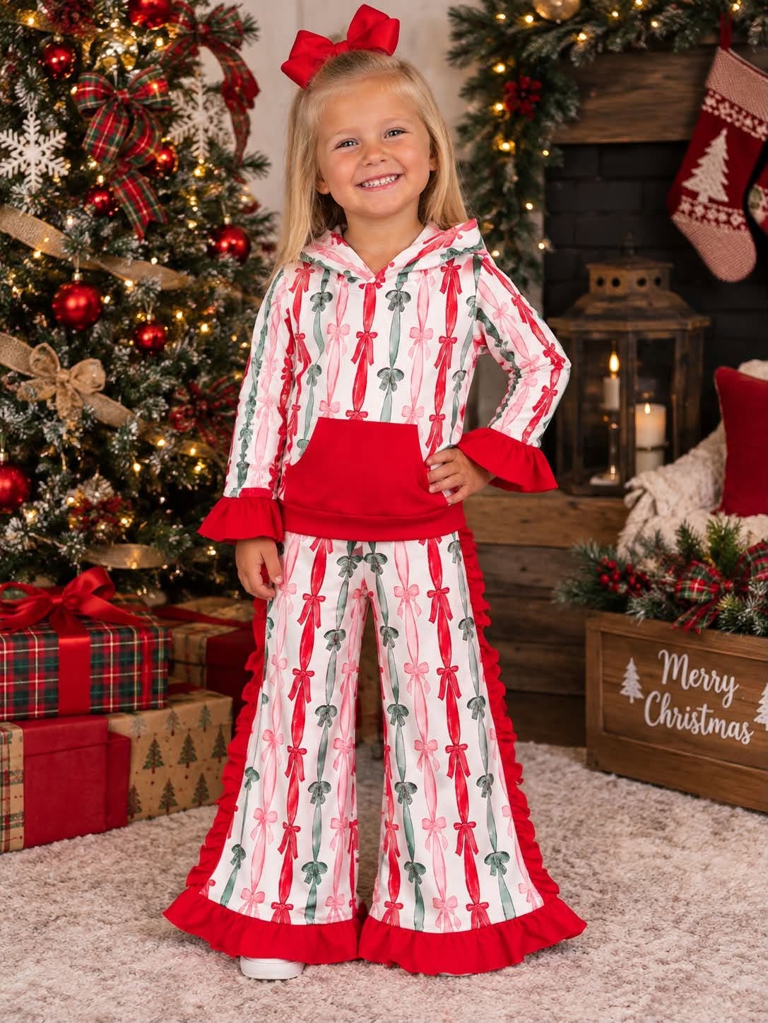 NEW RTS NO MOQ milk silk GLP3497 Baby Girls Green Red Bows Stripe Pocket Hoodie Ruffle Pant Christmas Clothes Sets Holiday Outfit