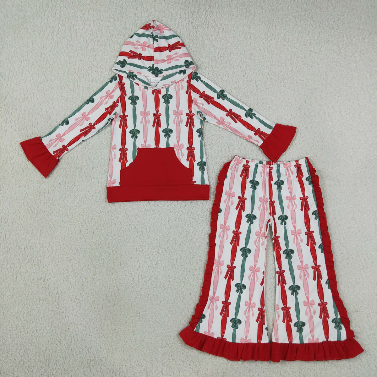 NEW RTS NO MOQ milk silk GLP3497 Baby Girls Green Red Bows Stripe Pocket Hoodie Ruffle Pant Christmas Sets Holiday Outfit