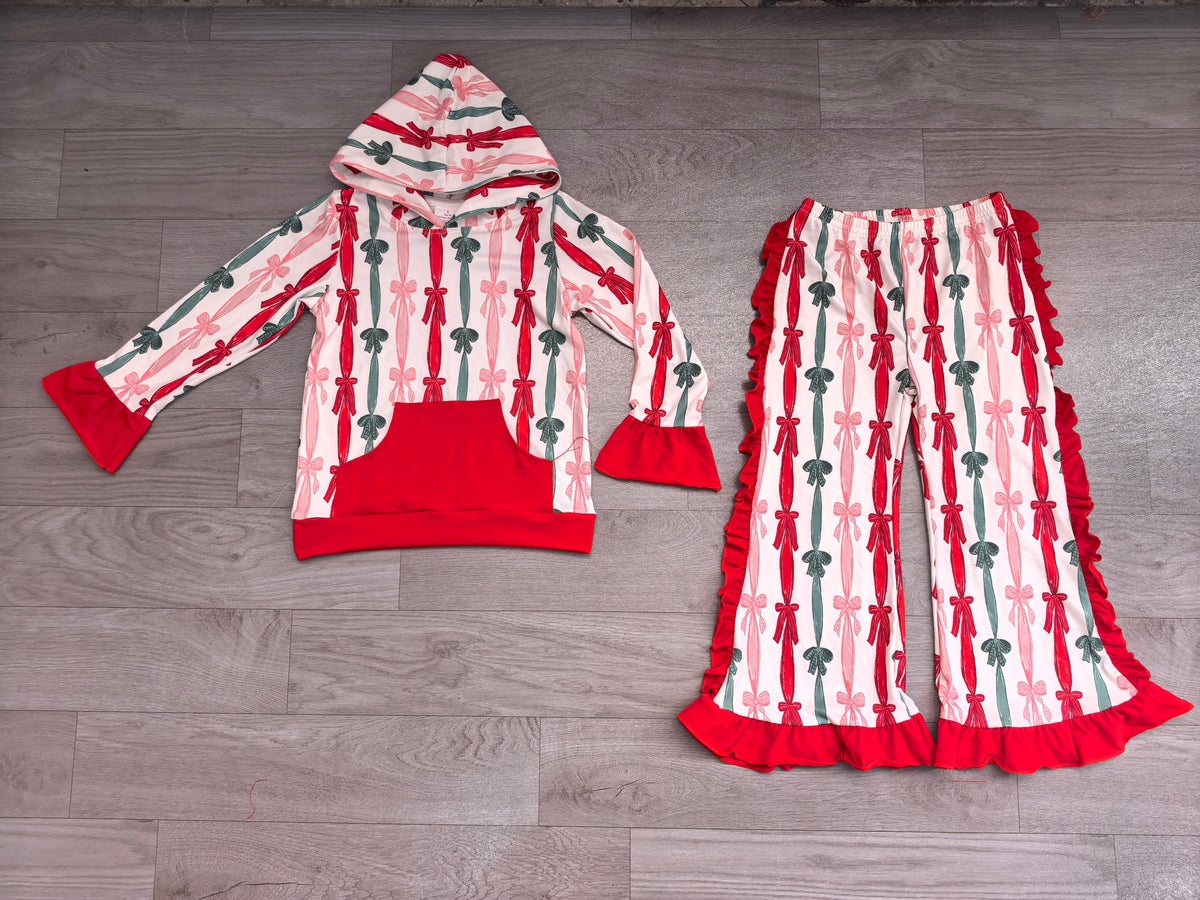 (Sample) No moq milk silk GLP3497 Baby Girls Green Red Bows Stripe Pocket Hoodie Ruffle Pant Christmas Clothes Sets Holiday Outfit