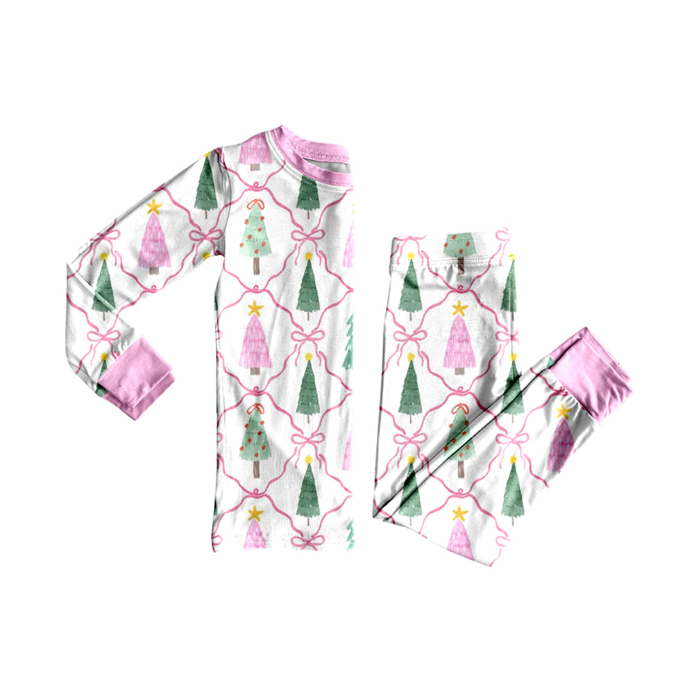 (Preorder new) No moq Baby Girls Christmas Tree Bow Print Long Sleeve Top And Pants Pajama Set Rompers Dress Blankets