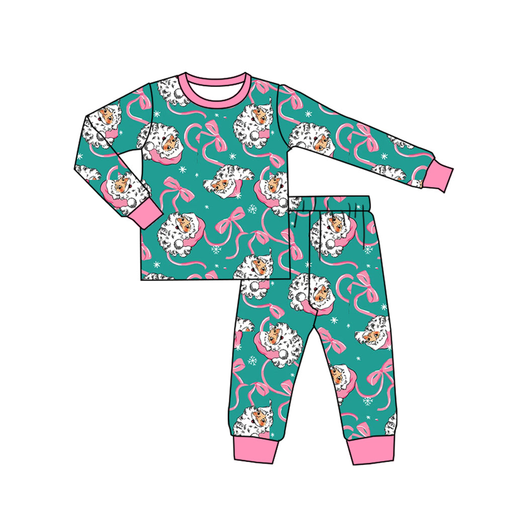(Preorder new) No moq Adult And Kids Santa Claus Bow Print Button Front Pocket Top Straight Pant Christmas Pajama Set Rompers Blankets