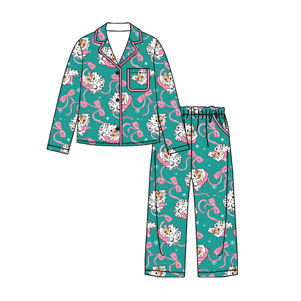 (Preorder new) No moq Adult And Kids Santa Claus Bow Print Button Front Pocket Top Straight Pant Christmas Pajama Set Rompers Blankets