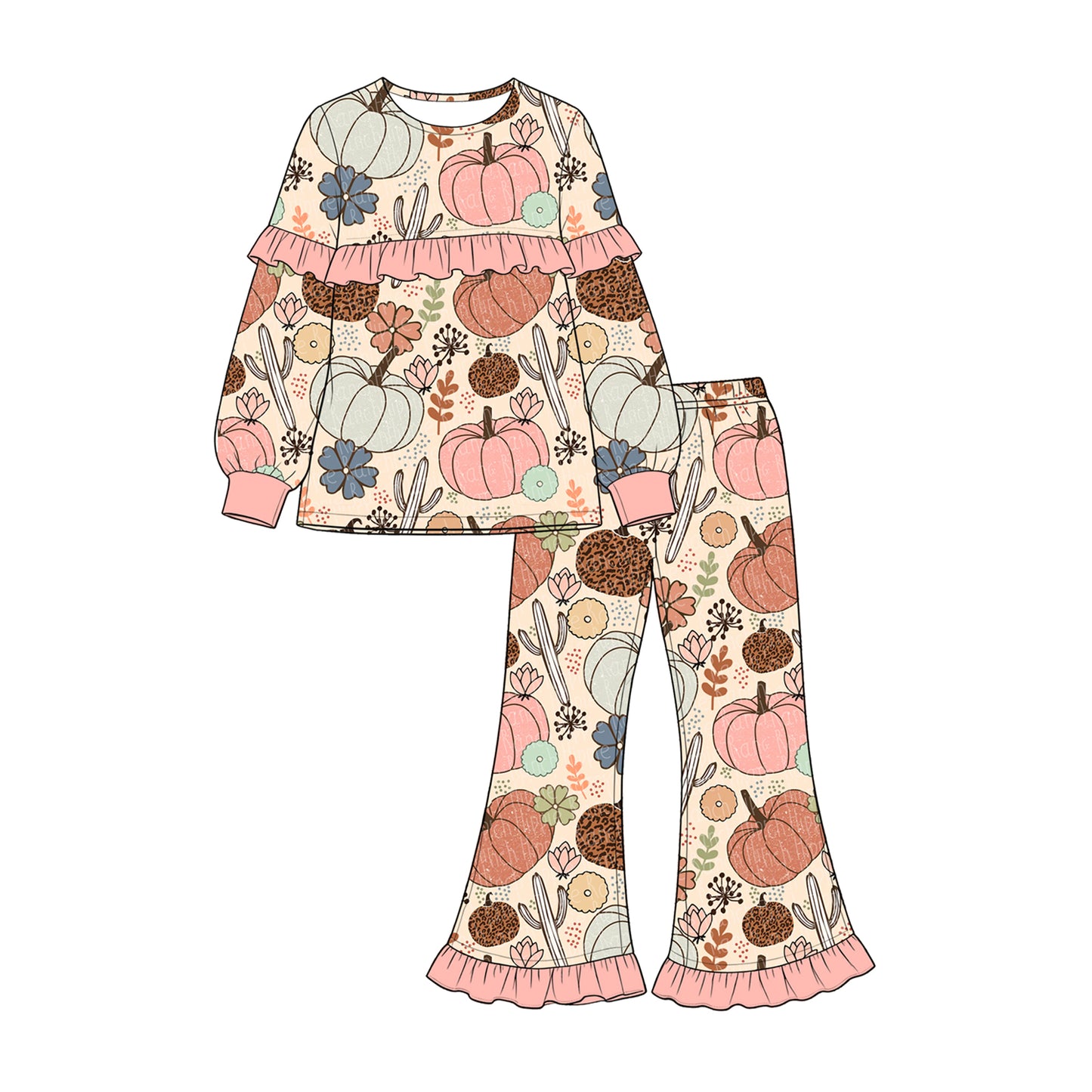 (Preorder new) No moq GLP3502 Baby Girls Pumpkin And Flower Print Long Sleeve Top Elastic High Waist Bell Bottom Pants Halloween Outfit Set