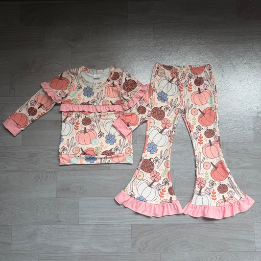 (Sample) No moq milk silk GLP3502 Baby Girls Pumpkin And Flower Print Long Sleeve Top Elastic High Waist Bell Bottom Pants Halloween Outfit Set