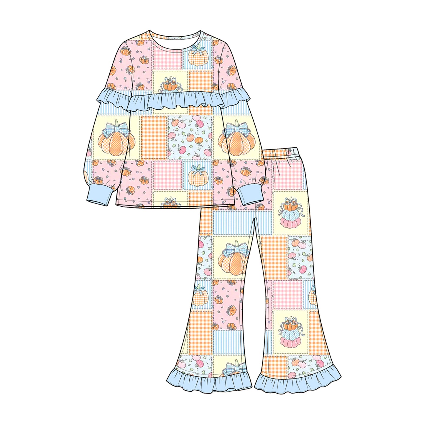 (Preorder new) No moq GLP3503 Baby Girls Pumpkin Checkered Light Blue Print Long Sleeve Top Elastic High Waist Bell Bottom Pants Halloween Outfit Set