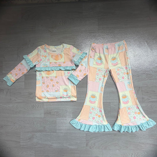 (Sample) No moq milk silk GLP3503 Baby Girls Pumpkin Checkered Light Blue Print Long Sleeve Top Elastic High Waist Bell Bottom Pants Halloween Outfit Set