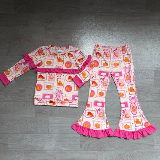 (Sample) No moq milk silk GLP3504 Baby Girls Pumpkin Plaid Print Bow Long Sleeve Top High Waist Pants Set