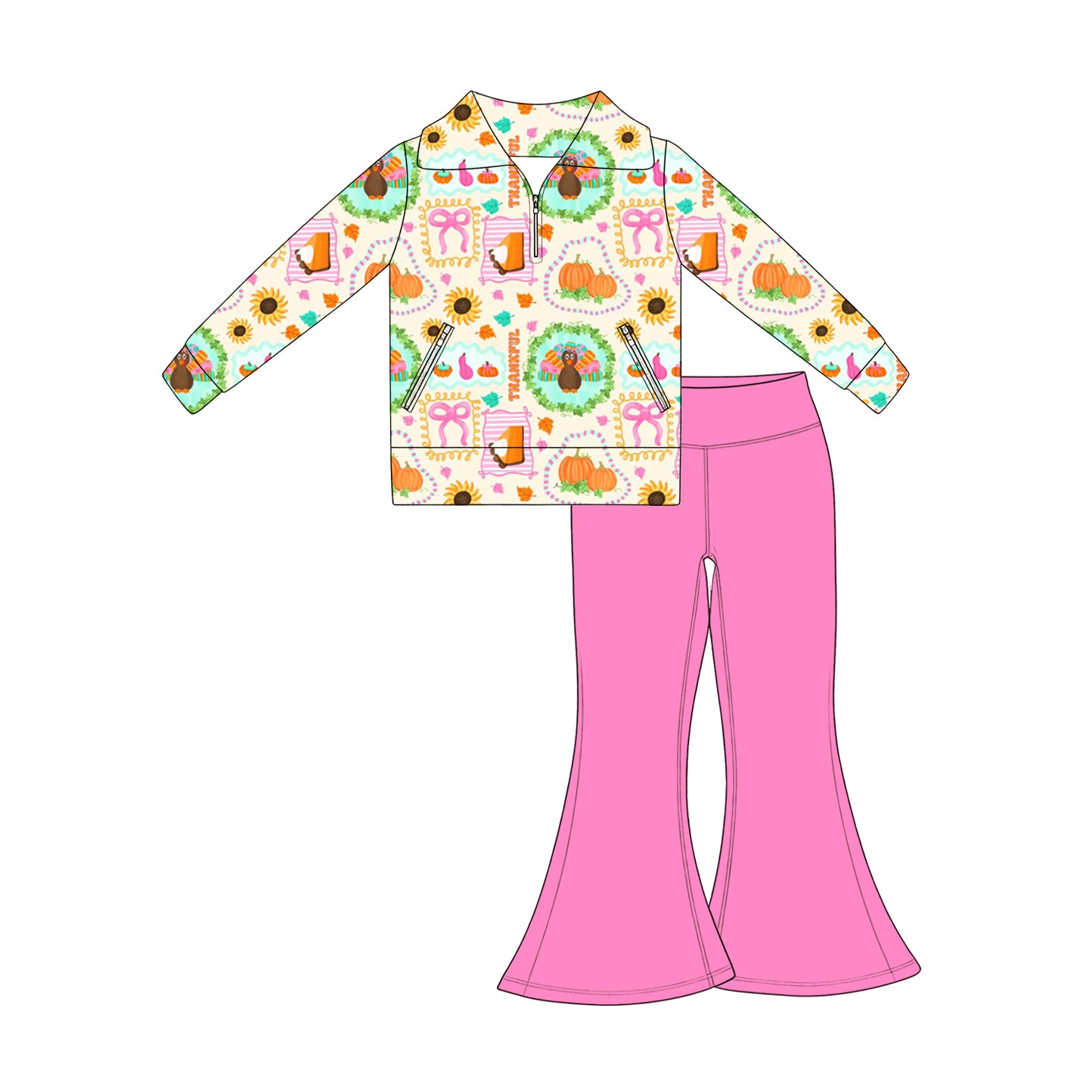 (Preorder new) No moq Baby Girls Halloween Ghost Print Zip Pocket Pullover Flare Pants Two Piece Fall Outfit Set