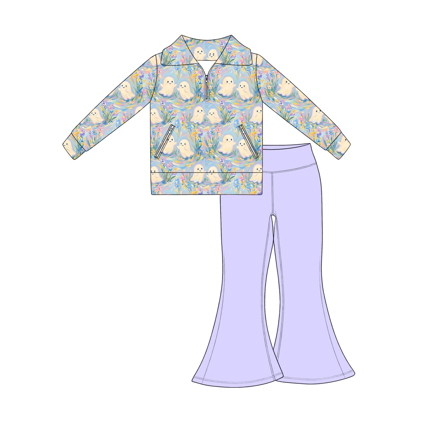 (Preorder new) No moq Baby Girls Halloween Ghost Print Zip Pocket Pullover Flare Pants Two Piece Fall Outfit Set