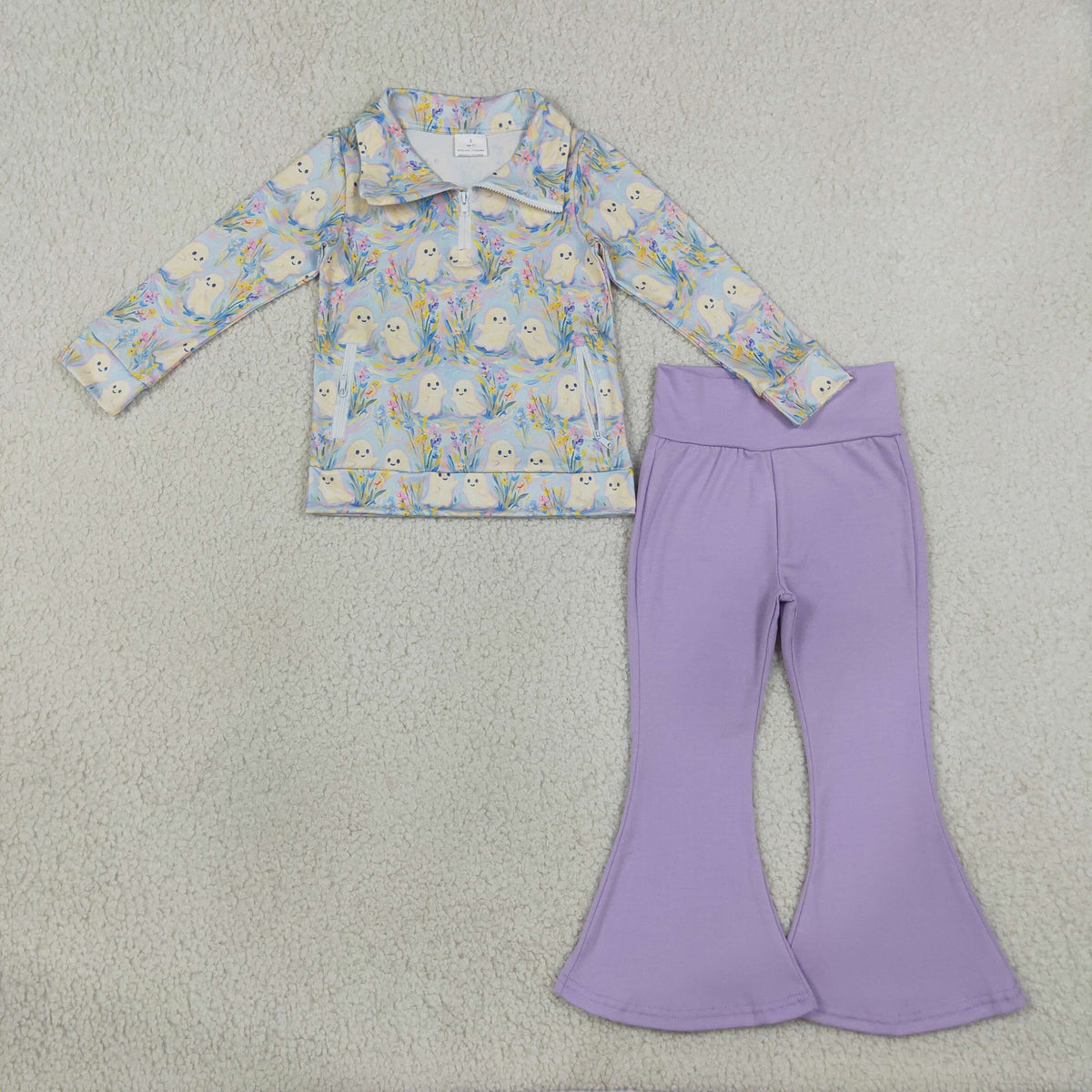 RTS NO MOQ Sibling milk silk Baby Girls Halloween Ghost Print Zip Pocket Pullover Flare Pants Fall Outfit Set