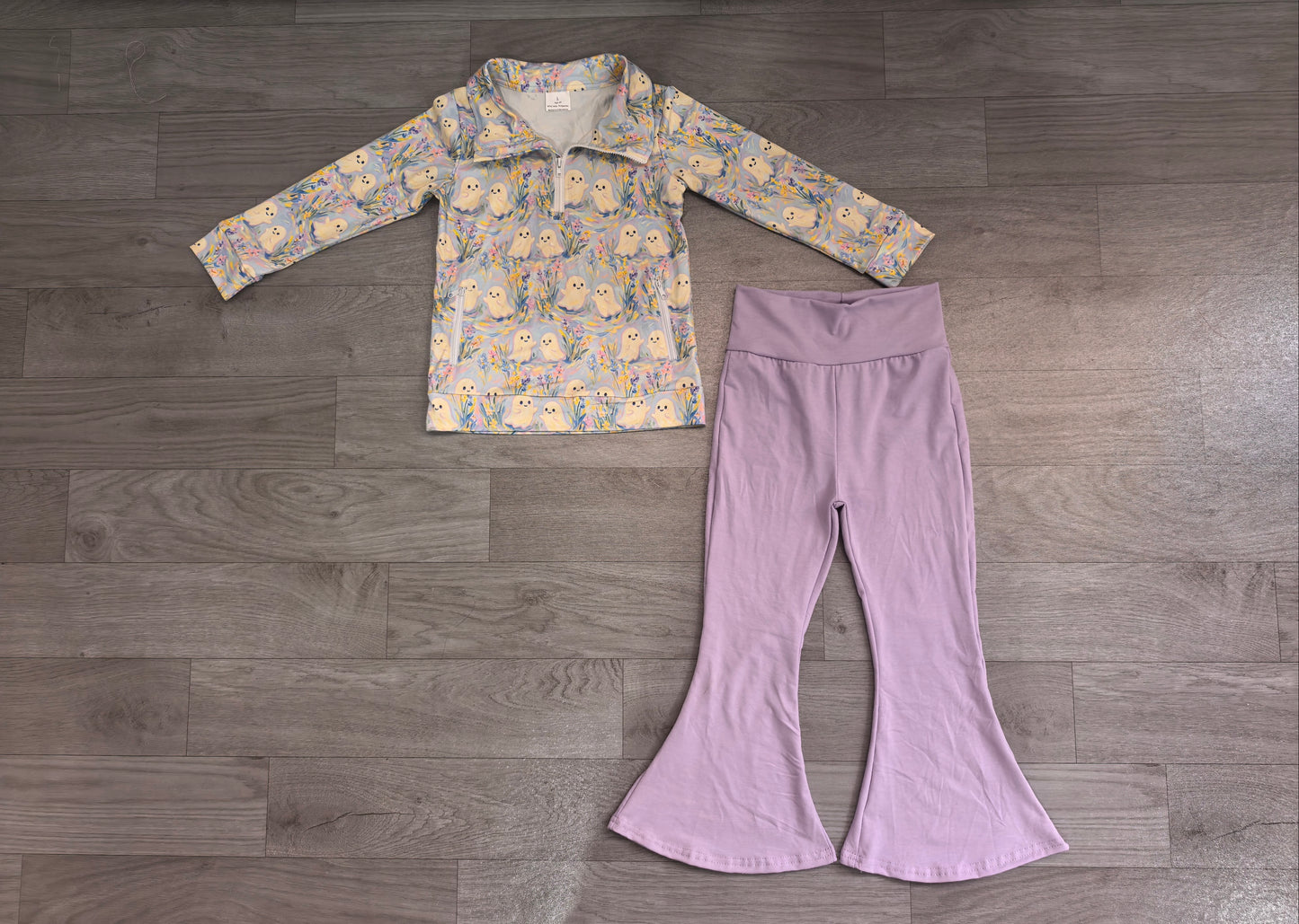 (Sample) No moq milk silk GLP3506 Baby Girls Ghosts Zip Pockets Pullovers Flare Pant Halloween Clothes Set