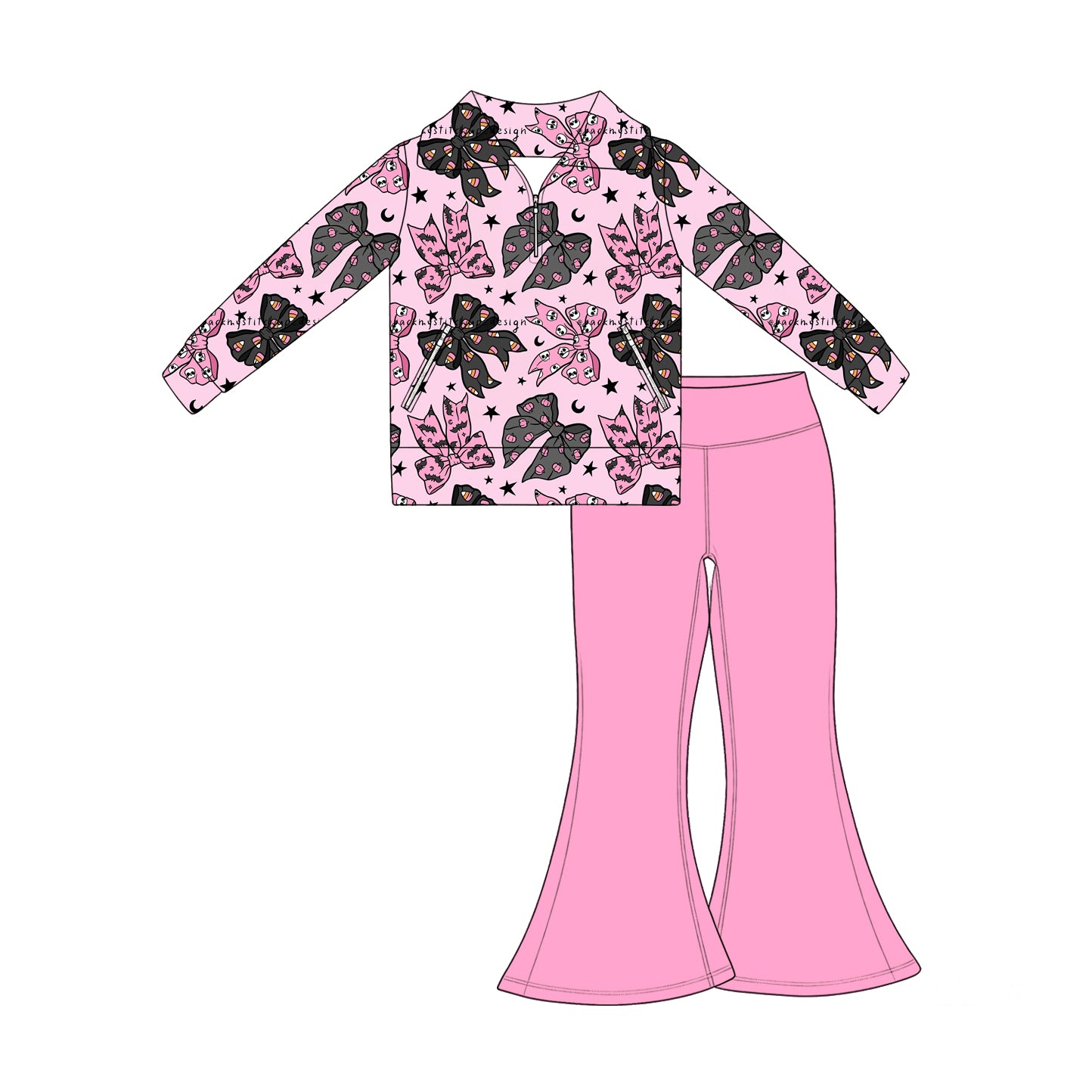 (Preorder new) No moq Baby Girls Halloween Ghost Print Zip Pocket Pullover Flare Pants Two Piece Fall Outfit Set