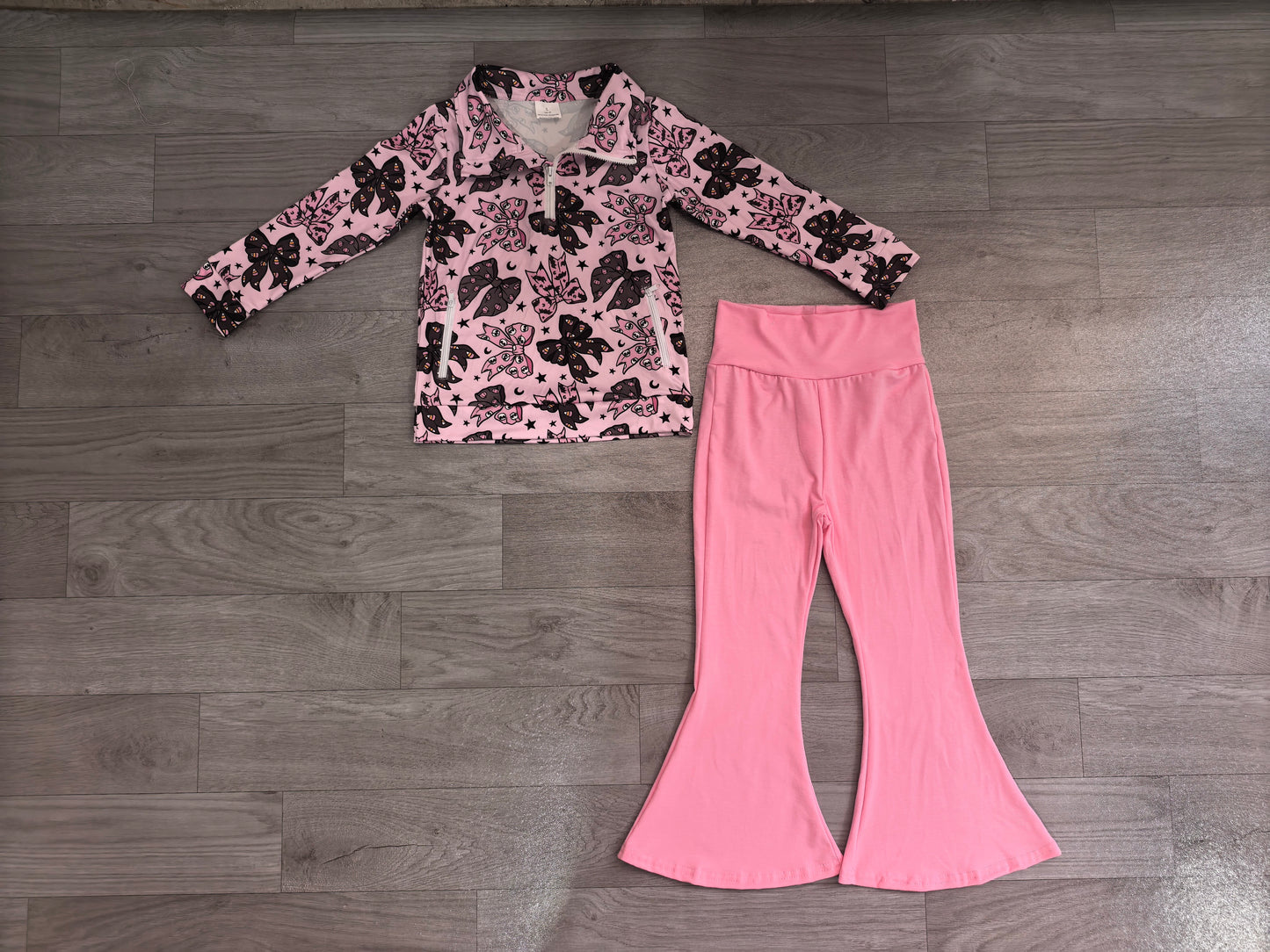 (Sample) No moq milk silk GLP3507 Baby Girls Bats Bows Zip Pockets Pullovers Flare Pant Halloween Clothes Set