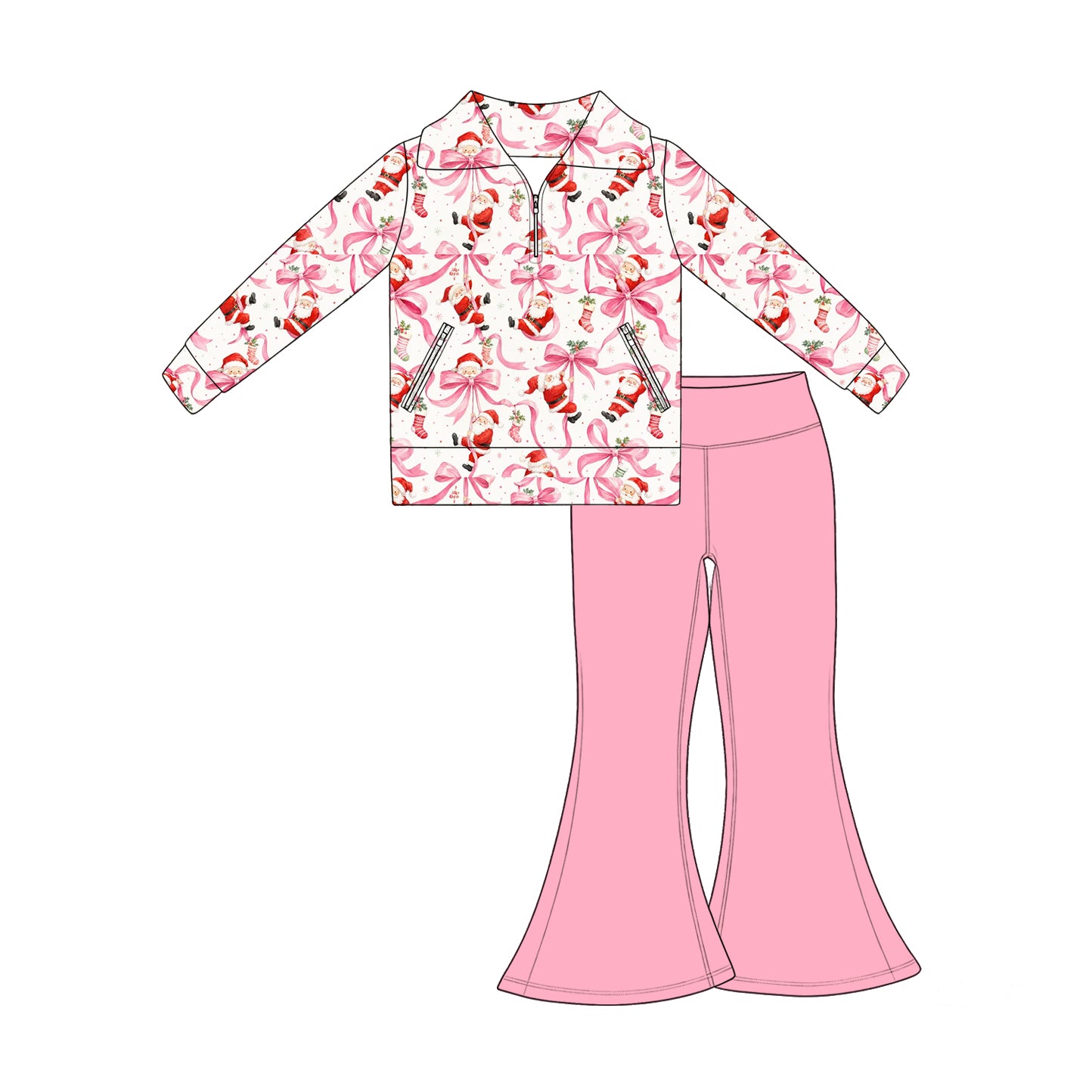 (Preorder new) No moq Baby Girls Christmas Holly Santa Print Zip Side Pocket Pullover Flare Pants Set