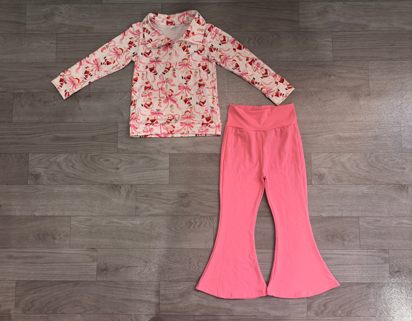 (Sample) No moq milk silk GLP3508 Baby Girls Bows Santa Zip Pockets Pullovers Flare Pant Christmas Clothes Set