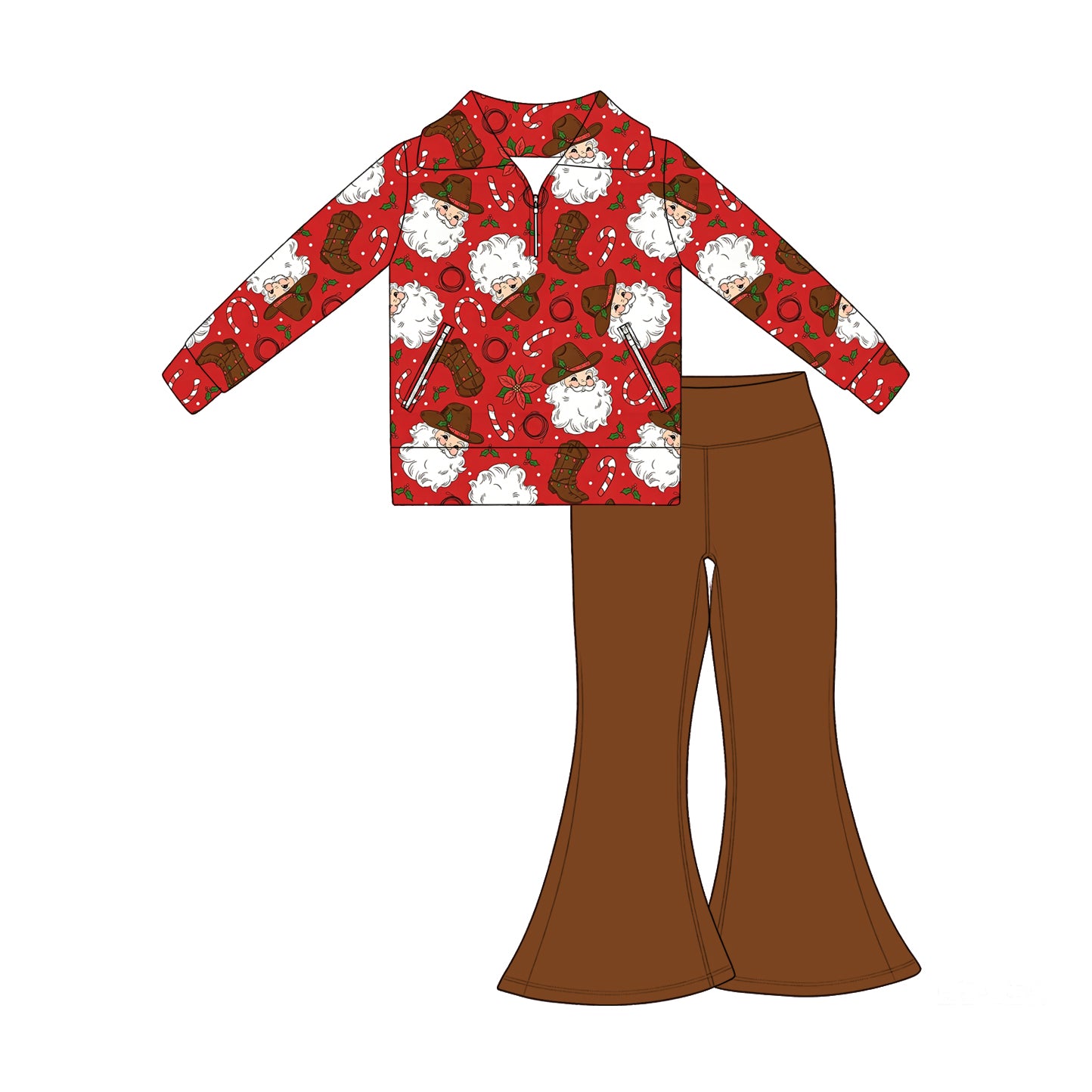 (Preorder new) No moq Baby Girls Christmas Holly Santa Print Zip Side Pocket Pullover Flare Pants Set