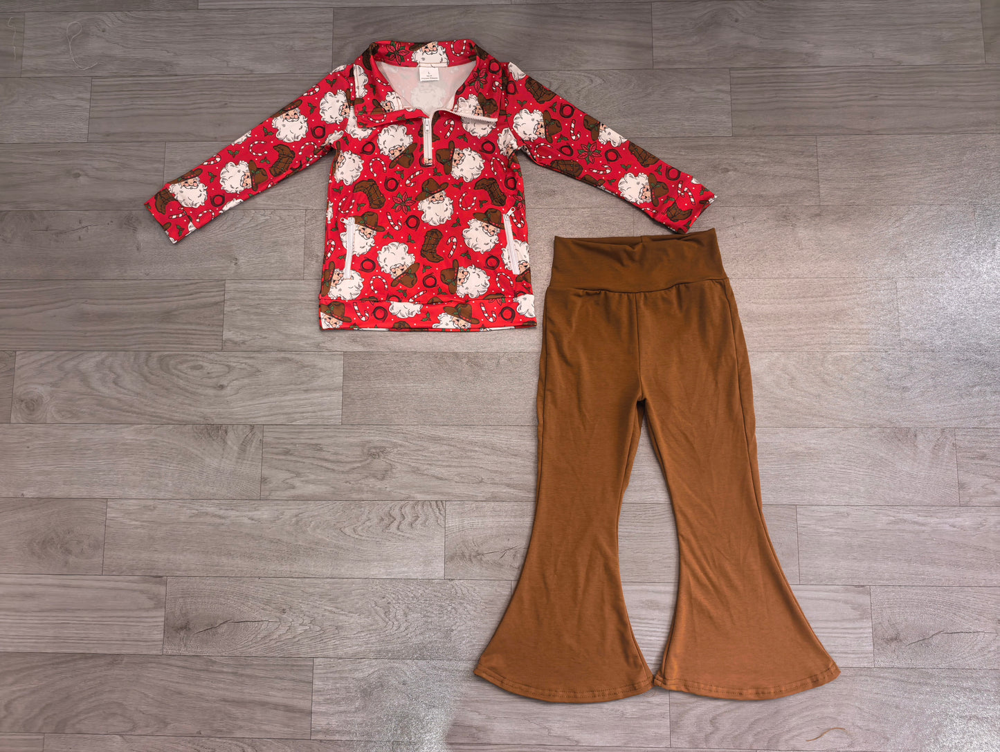 (Sample) No moq milk silk GLP3509 Baby Girls Holly Santa Zip Pockets Pullovers Flare Pant Christmas Clothes Set