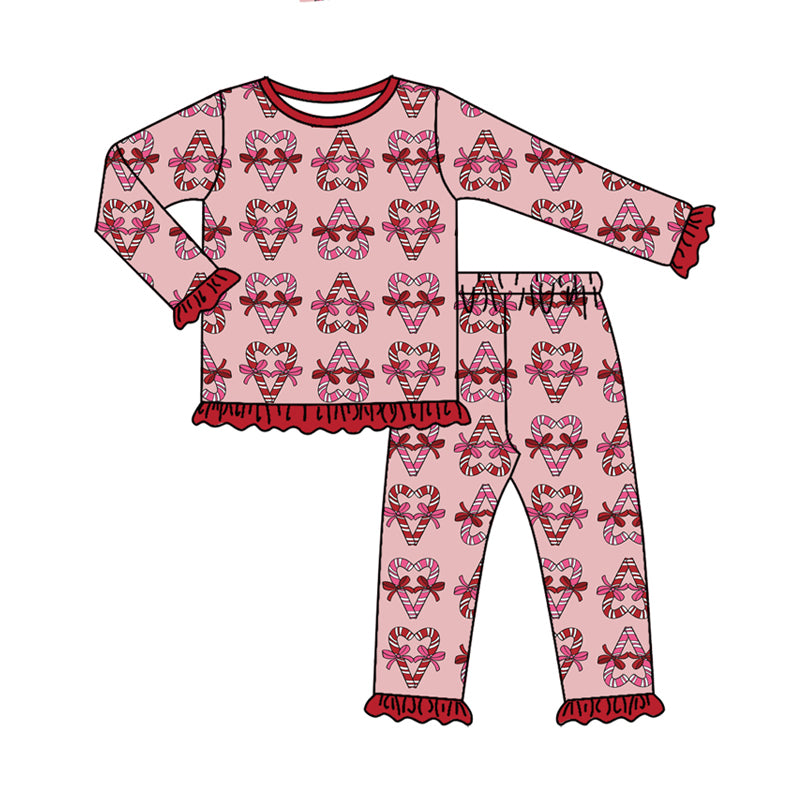 (Preorder new) No moq Baby Girls Christmas Candy Cane Print Bow Long Sleeve Top Ruffle Pants Pajama Set Dress Romper Blankets