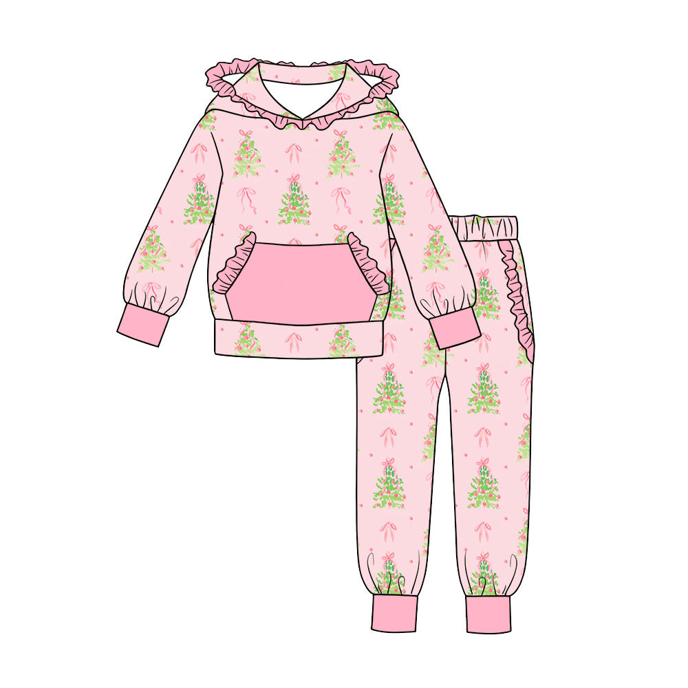 (Preorder new) No moq Baby Girls Christmas Pink Bow Santa Print Long Sleeve Hoodie Jogger Pants Outfit Set