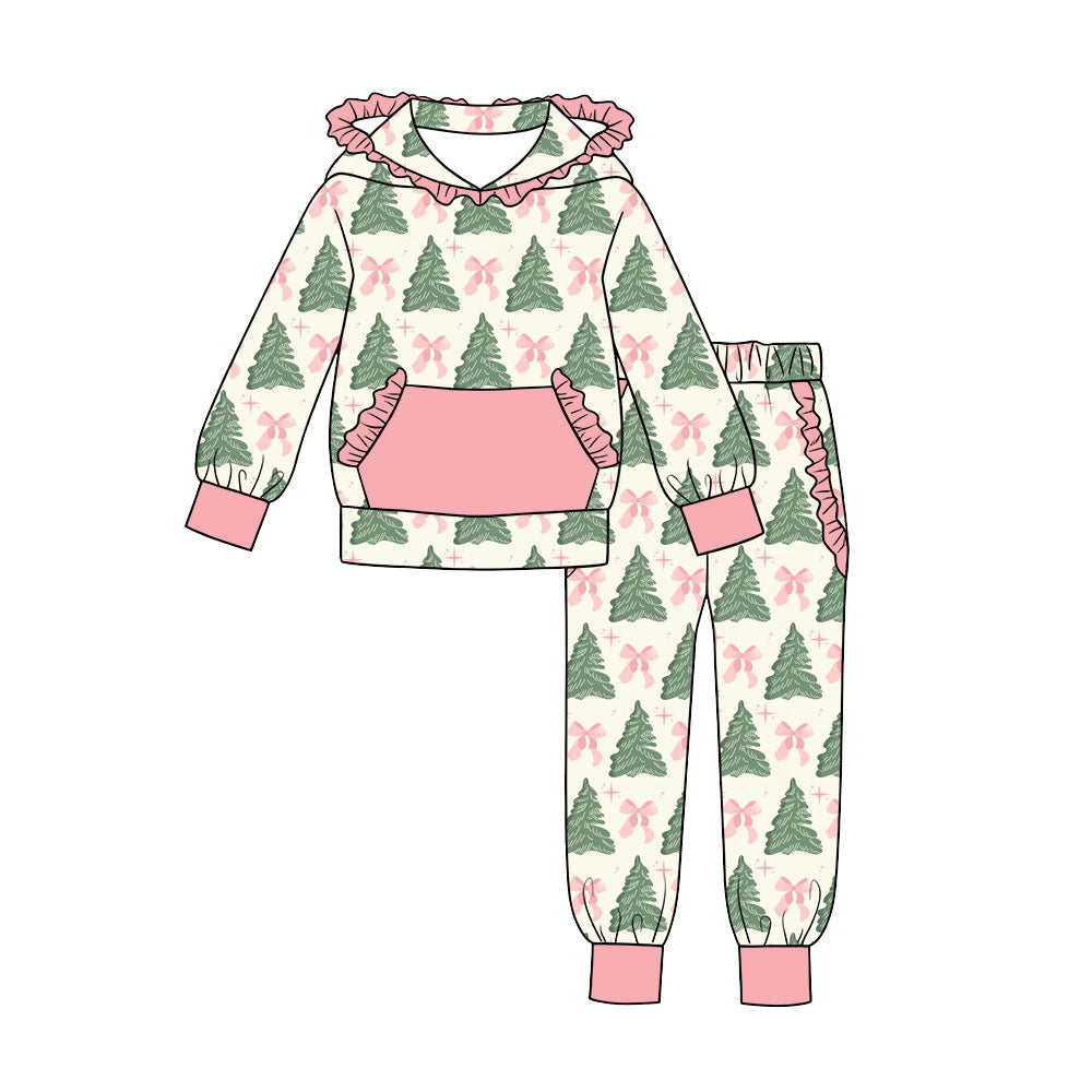 (Preorder new) No moq Baby Girls Christmas Pink Bow Santa Print Long Sleeve Hoodie Jogger Pants Outfit Set