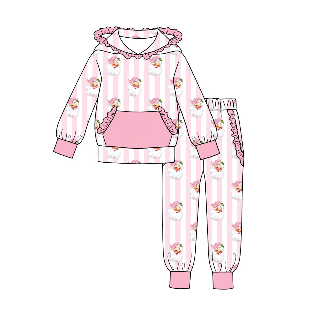(Preorder new) No moq Baby Girls Christmas Pink Bow Santa Print Long Sleeve Hoodie Jogger Pants Outfit Set