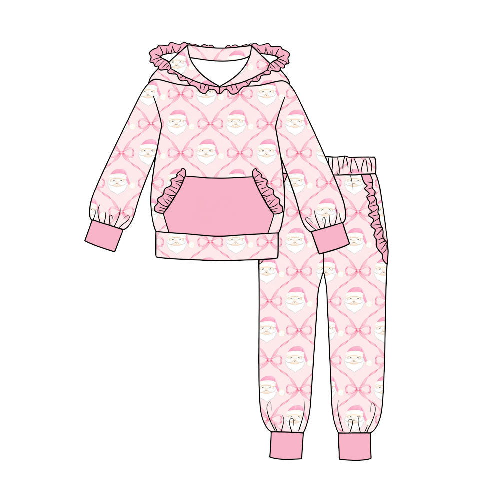 (Preorder new) No moq Baby Girls Christmas Pink Bow Santa Print Long Sleeve Hoodie Jogger Pants Outfit Set