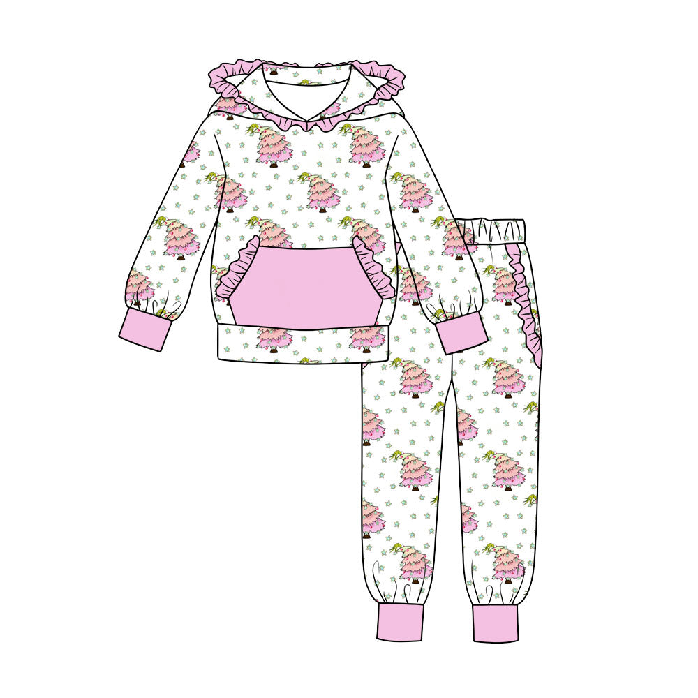 (Preorder new) No moq Baby Girls Christmas Pink Bow Santa Print Long Sleeve Hoodie Jogger Pants Outfit Set